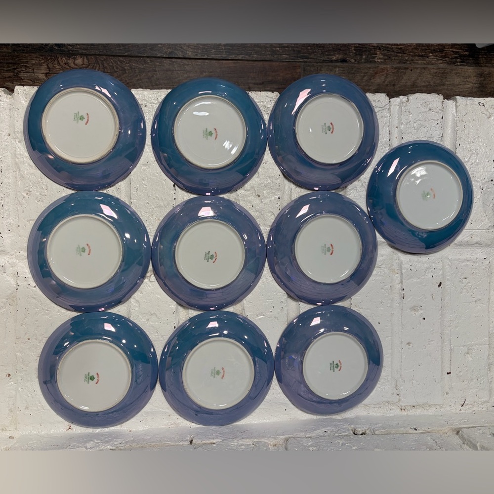 10 Vintage Meito China Hand painted Iridescent blue porcelain tea cups w/Saucers - Picture 8 of 11
